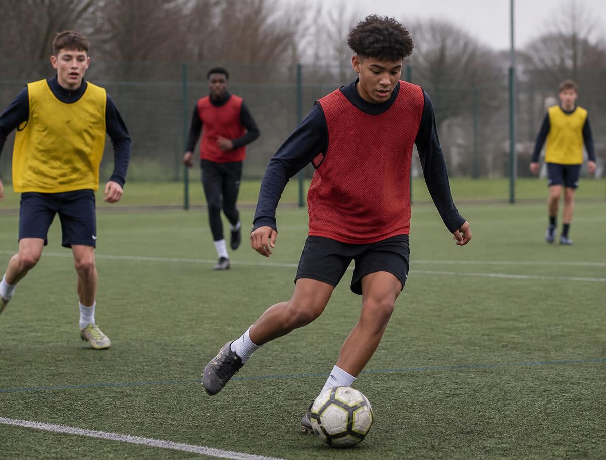 A teenage player dribbling the ball during a small-sided training game on a school pitch